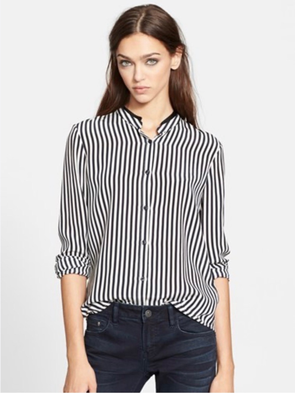 The Kooples Black & White Vertical Stripe Button-Down Silk Shirt Sz XS